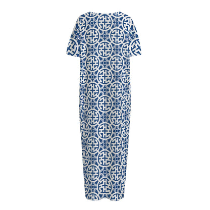 Chinese Luck Symbol Pattern Print Short Sleeve Long Nightdress