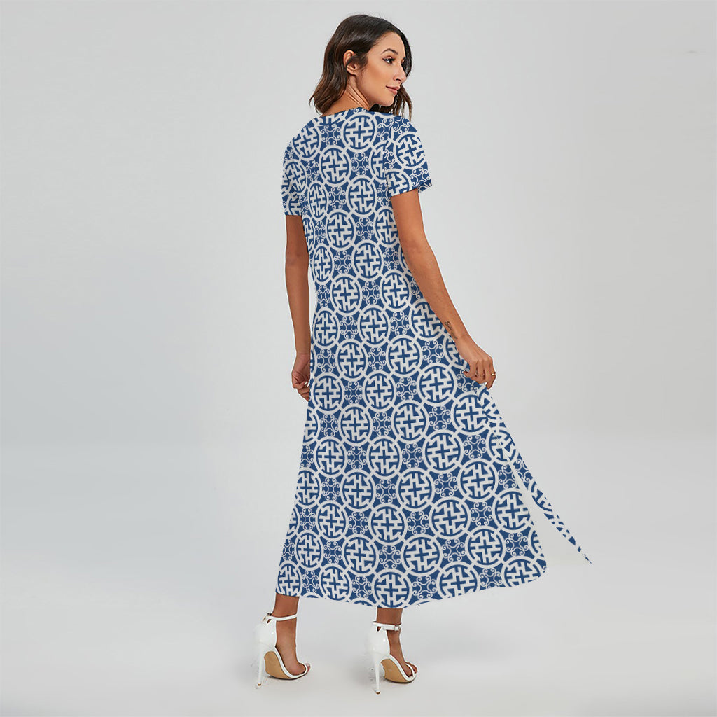 Chinese Luck Symbol Pattern Print Short Sleeve Maxi Dress