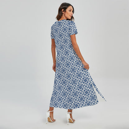 Chinese Luck Symbol Pattern Print Short Sleeve Maxi Dress