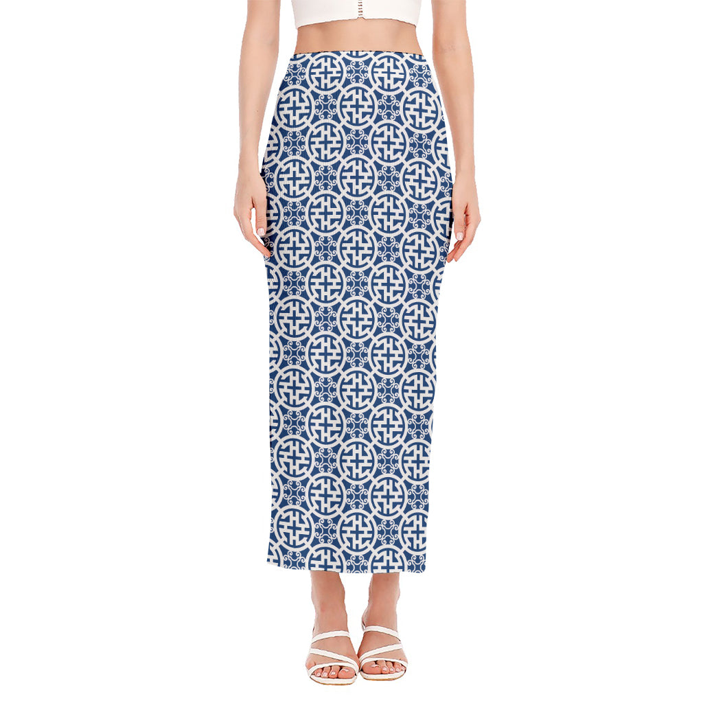 Chinese Luck Symbol Pattern Print Side Slit Maxi Skirt