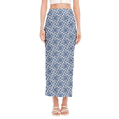 Chinese Luck Symbol Pattern Print Side Slit Maxi Skirt