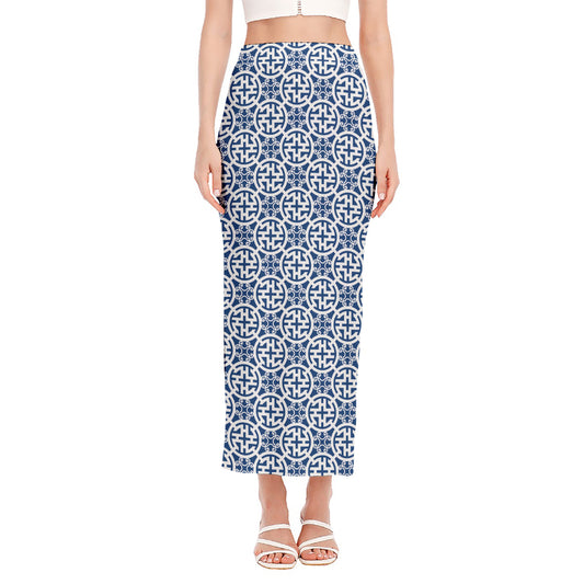 Chinese Luck Symbol Pattern Print Side Slit Maxi Skirt