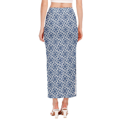 Chinese Luck Symbol Pattern Print Side Slit Maxi Skirt