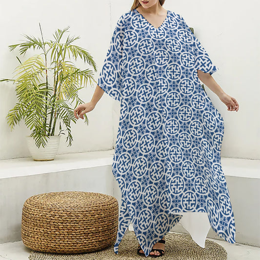 Chinese Luck Symbol Pattern Print Silk V-Neck Kaftan Dress