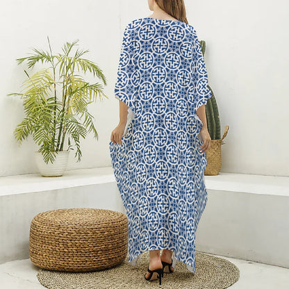 Chinese Luck Symbol Pattern Print Silk V-Neck Kaftan Dress