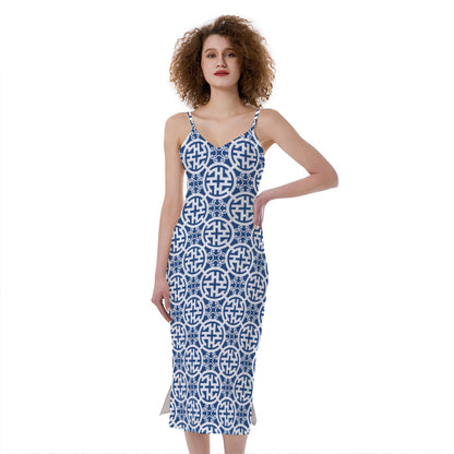 Chinese Luck Symbol Pattern Print Slim Fit Midi Cami Dress