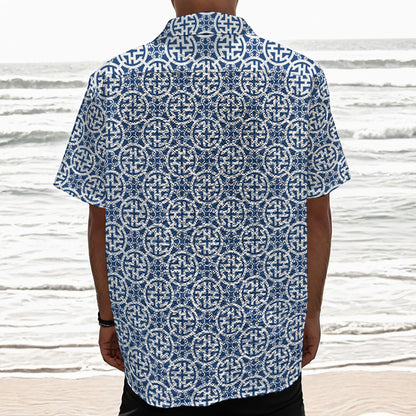 Chinese Luck Symbol Pattern Print Textured Short Sleeve Shirt