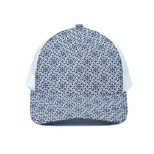 Chinese Luck Symbol Pattern Print White Mesh Trucker Cap