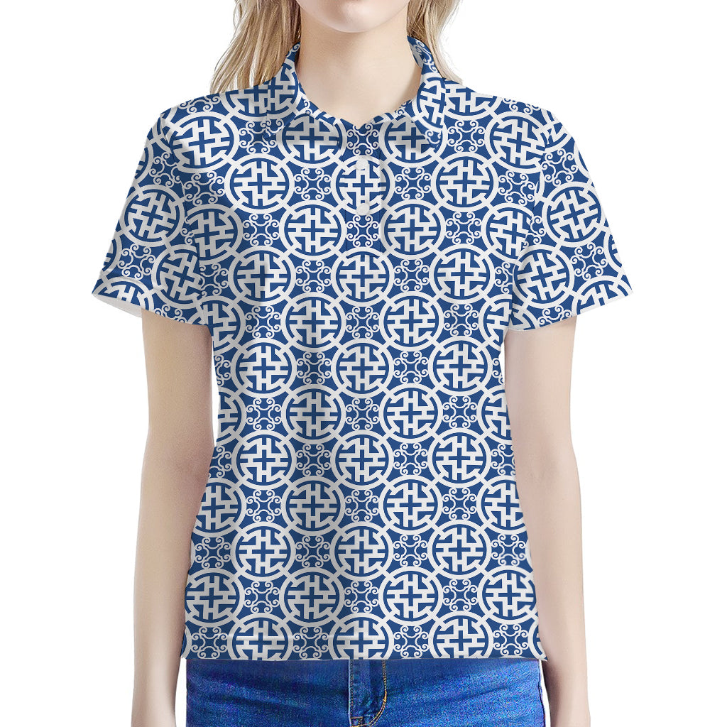 Chinese Luck Symbol Pattern Print Women's Polo Shirt