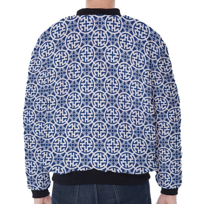 Chinese Luck Symbol Pattern Print Zip Sleeve Bomber Jacket