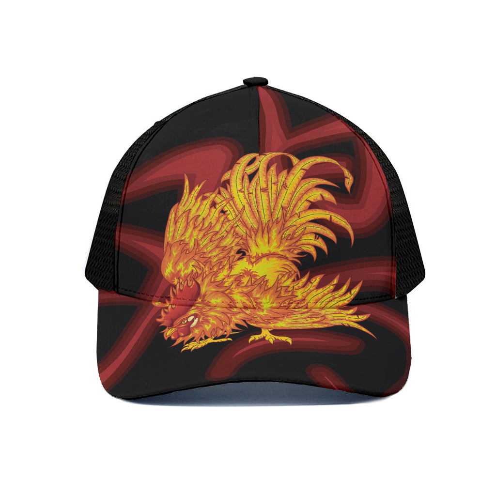 Chinese New Year Rooster Print Black Mesh Trucker Cap