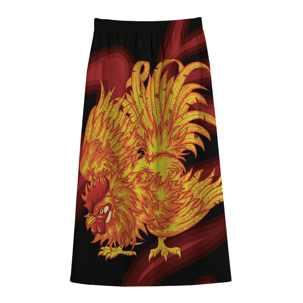 Chinese New Year Rooster Print Cotton Front Slit Maxi Skirt