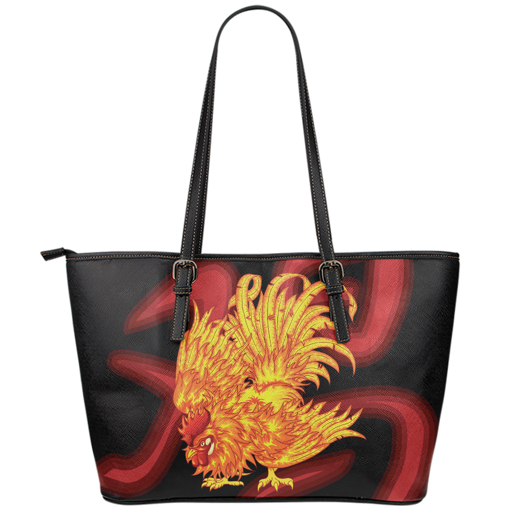 Chinese New Year Rooster Print Leather Tote Bag