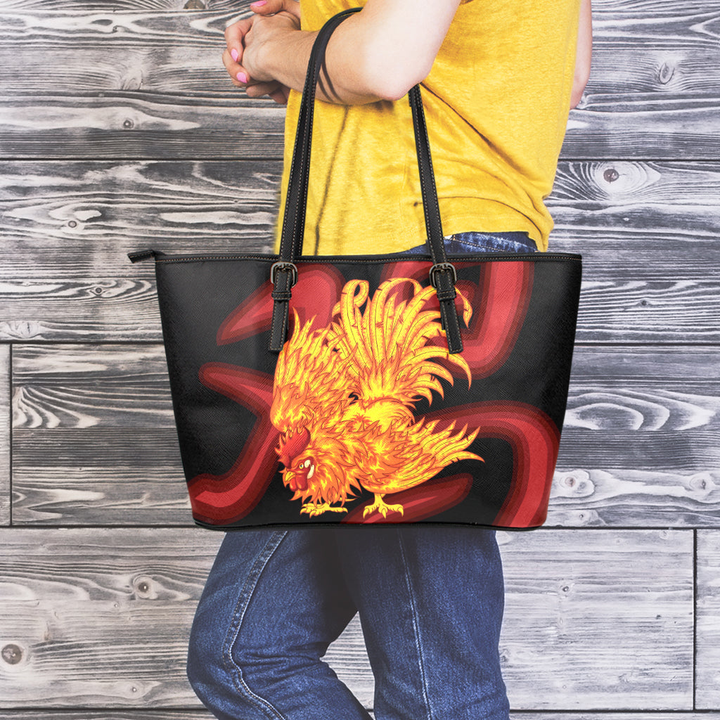 Chinese New Year Rooster Print Leather Tote Bag