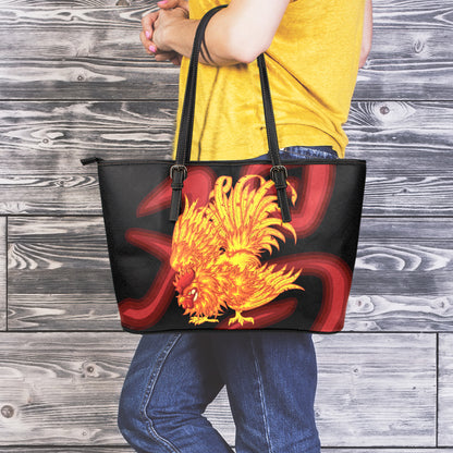 Chinese New Year Rooster Print Leather Tote Bag