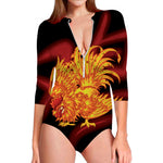 Chinese New Year Rooster Print Long Sleeve Swimsuit