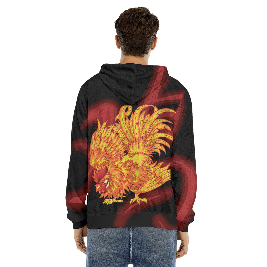 Chinese New Year Rooster Print Men's Velvet Pullover Hoodie