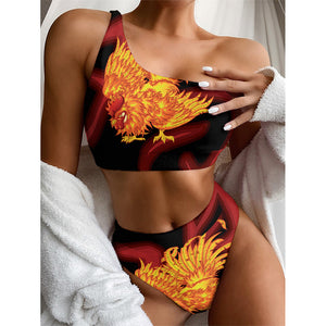 Chinese New Year Rooster Print One Shoulder Bikini Top