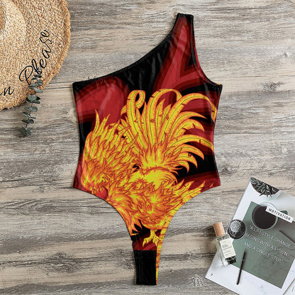 Chinese New Year Rooster Print One Shoulder Bodysuit