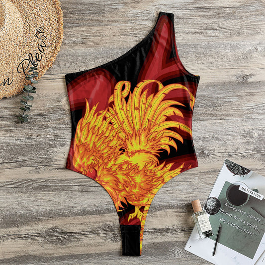 Chinese New Year Rooster Print One Shoulder Bodysuit