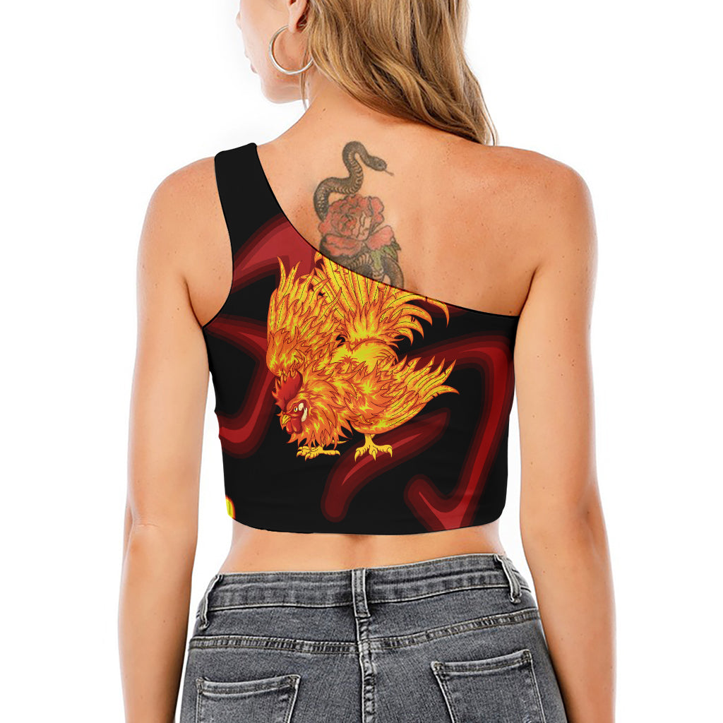 Chinese New Year Rooster Print One Shoulder Crop Top