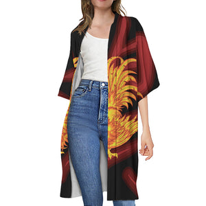 Chinese New Year Rooster Print Open Front Beach Cover Up