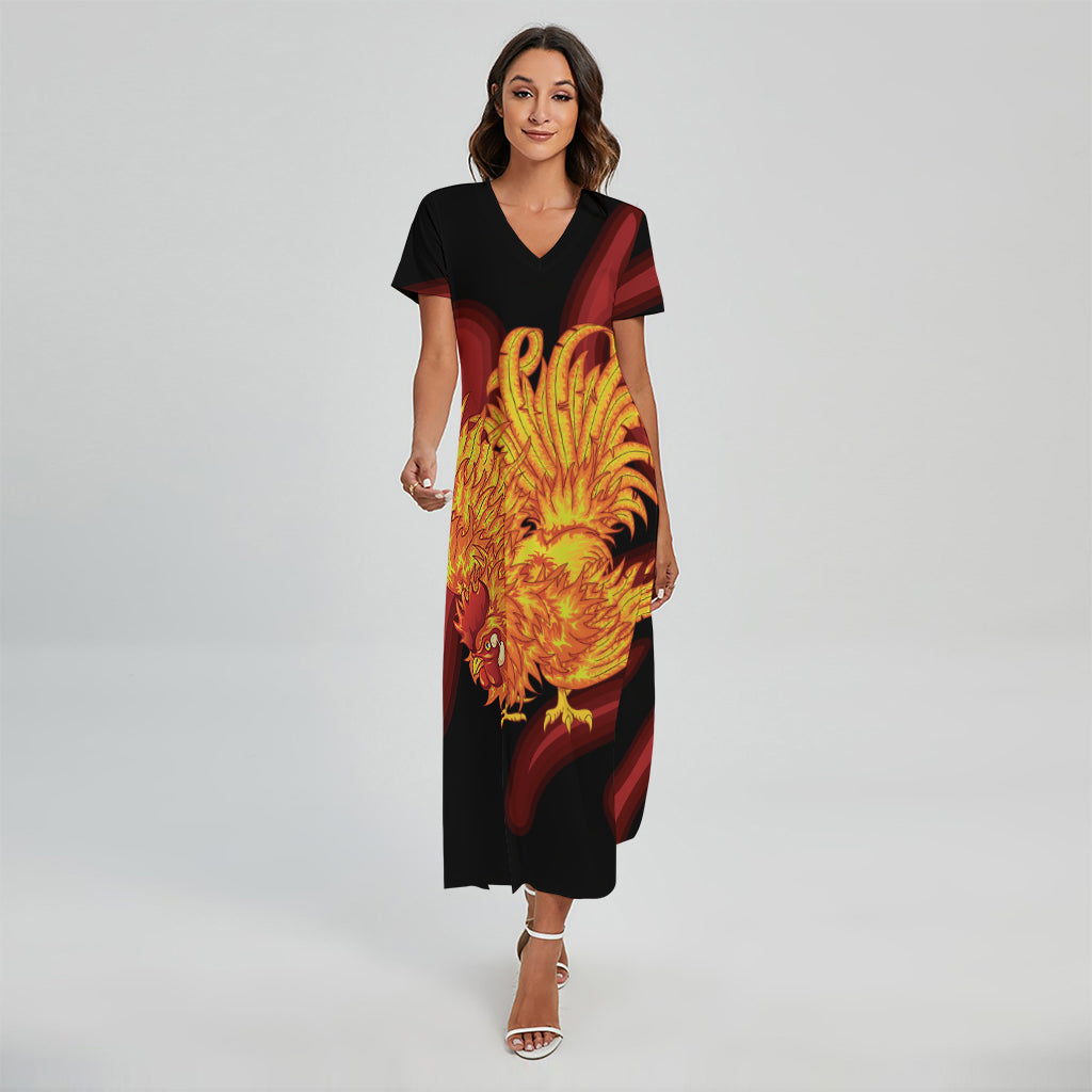 Chinese New Year Rooster Print Short Sleeve Maxi Dress