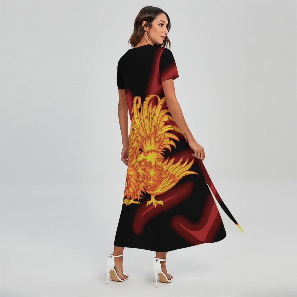 Chinese New Year Rooster Print Short Sleeve Maxi Dress