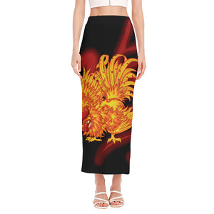 Chinese New Year Rooster Print Side Slit Maxi Skirt