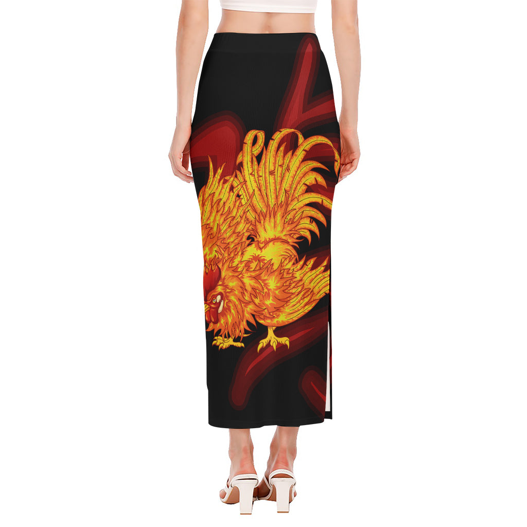 Chinese New Year Rooster Print Side Slit Maxi Skirt