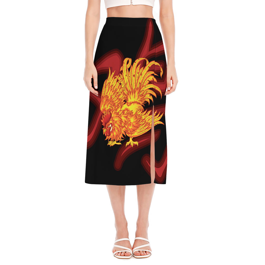 Chinese New Year Rooster Print Side Slit Midi Skirt