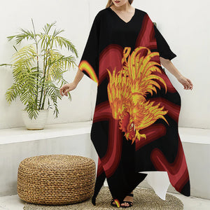 Chinese New Year Rooster Print Silk V-Neck Kaftan Dress