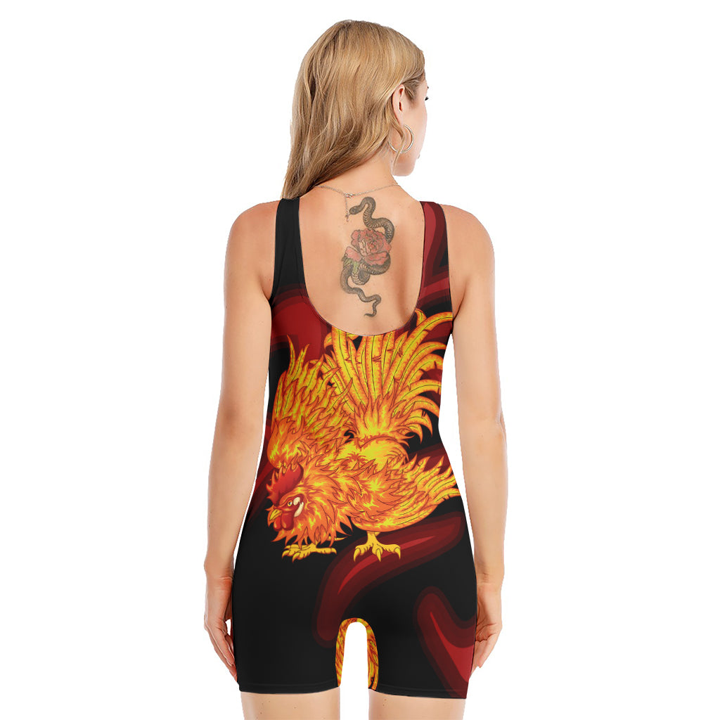 Chinese New Year Rooster Print Sleeveless One Piece Swimsuit