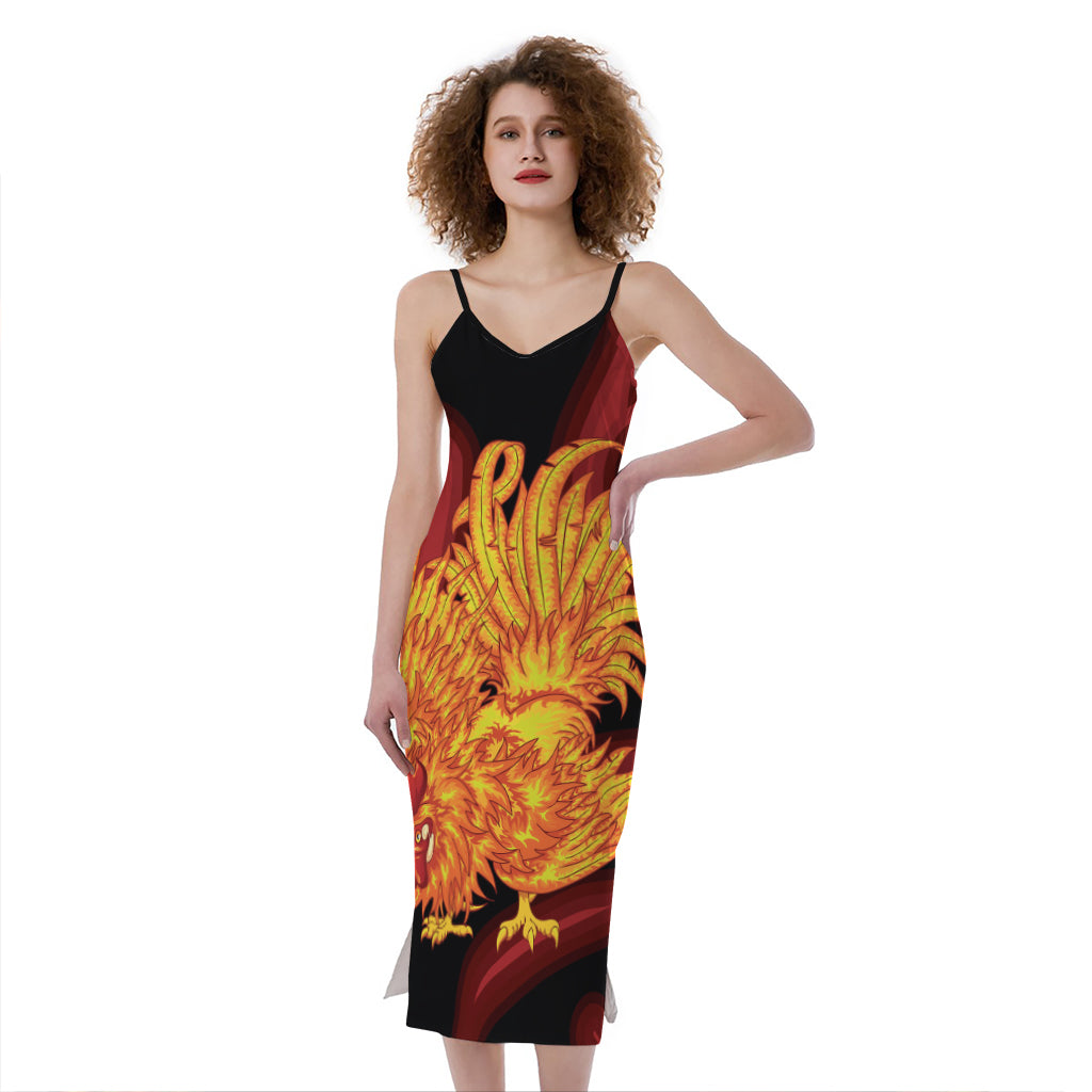 Chinese New Year Rooster Print Slim Fit Midi Cami Dress