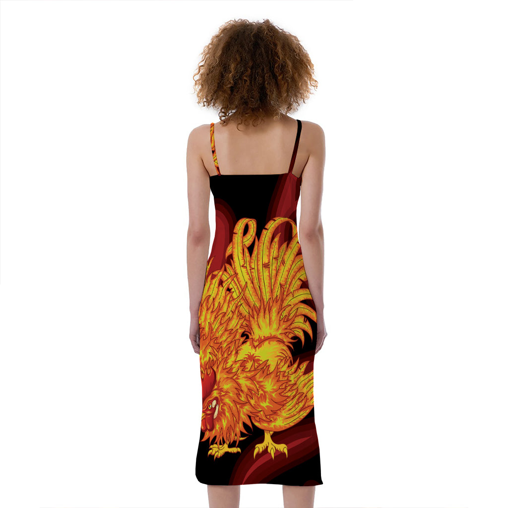 Chinese New Year Rooster Print Slim Fit Midi Cami Dress