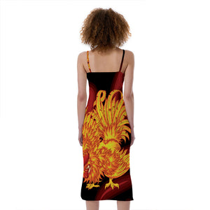 Chinese New Year Rooster Print Slim Fit Midi Cami Dress