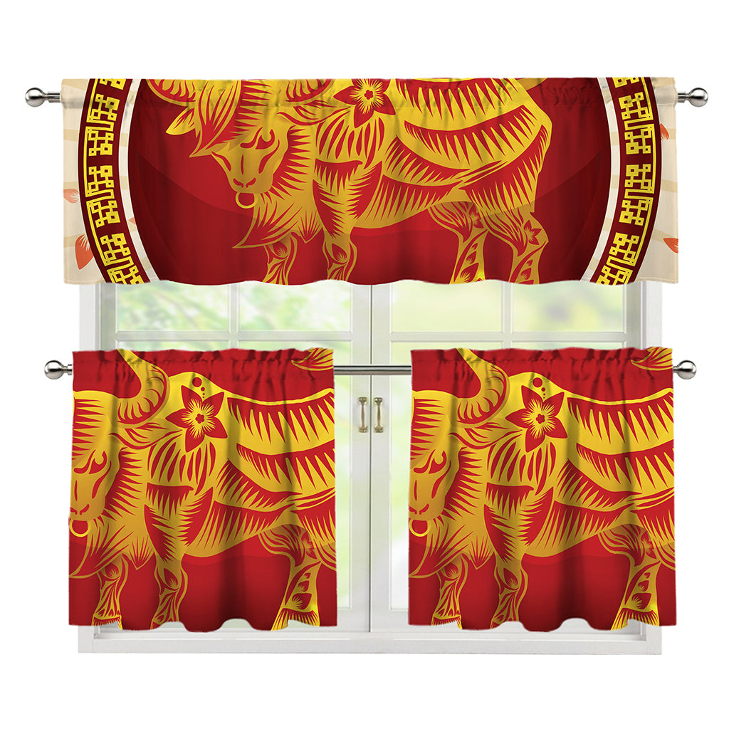 Chinese Ox Zodiac Sign Print 3 Piece Kitchen Curtains