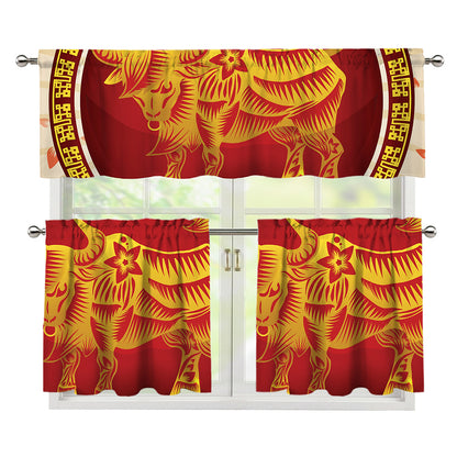 Chinese Ox Zodiac Sign Print 3 Piece Kitchen Curtains