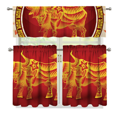 Chinese Ox Zodiac Sign Print 3 Piece Kitchen Curtains