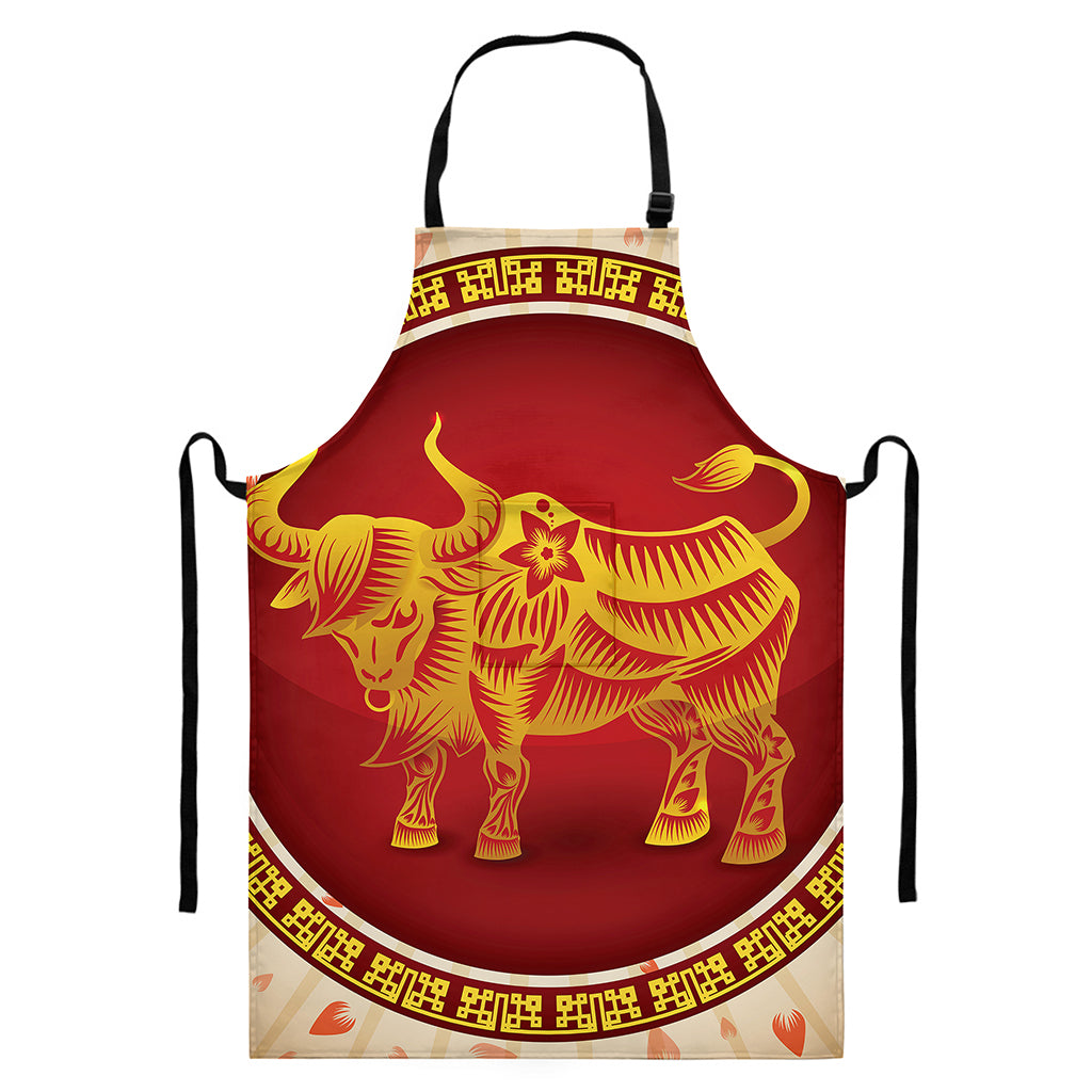 Chinese Ox Zodiac Sign Print Bib Apron With Pocket