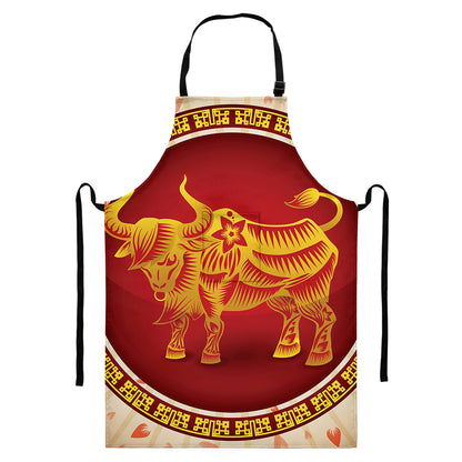 Chinese Ox Zodiac Sign Print Bib Apron With Pocket