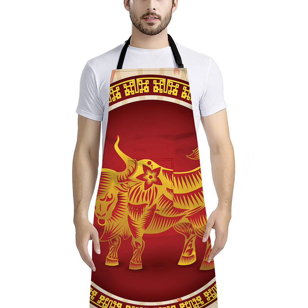 Chinese Ox Zodiac Sign Print Bib Apron With Pocket