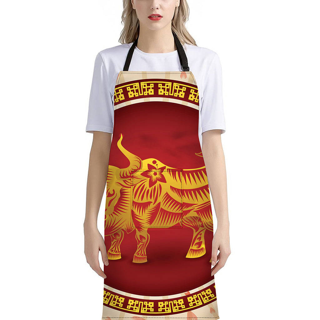 Chinese Ox Zodiac Sign Print Bib Apron With Pocket