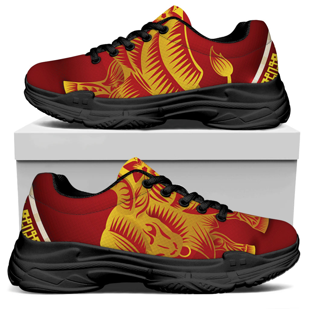Chinese Ox Zodiac Sign Print Black Chunky Shoes