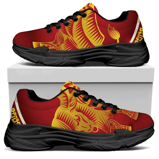 Chinese Ox Zodiac Sign Print Black Chunky Shoes