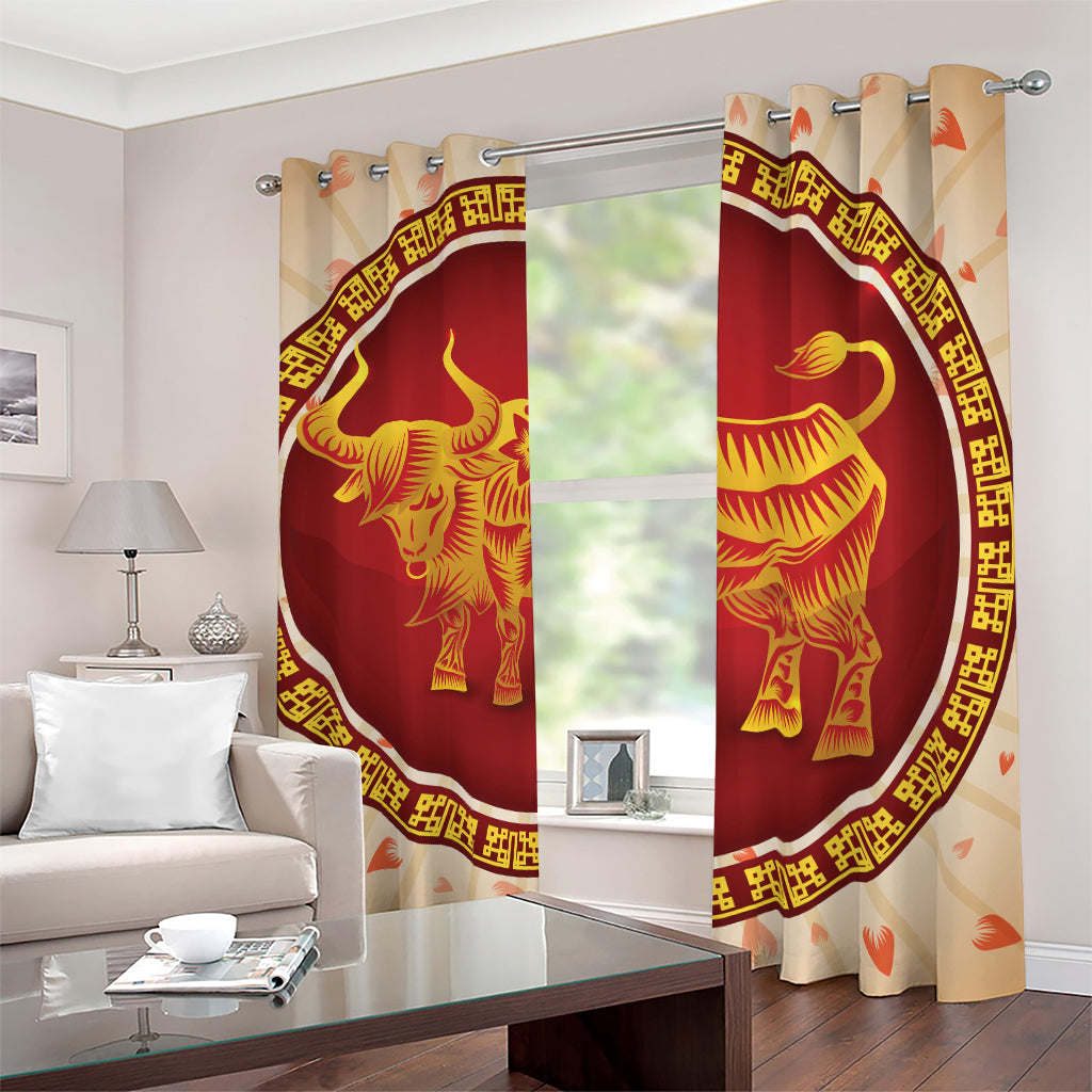 Chinese Ox Zodiac Sign Print Blackout Grommet Curtains