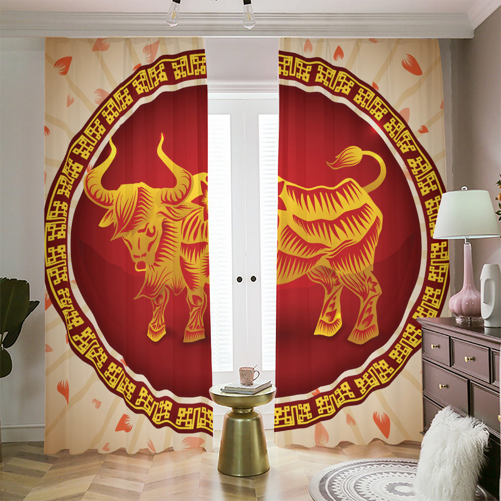 Chinese Ox Zodiac Sign Print Blackout Pencil Pleat Curtains