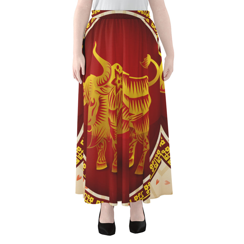 Chinese Ox Zodiac Sign Print Chiffon Maxi Skirt