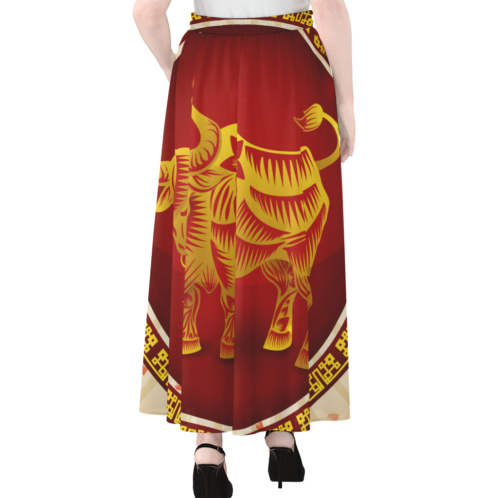 Chinese Ox Zodiac Sign Print Chiffon Maxi Skirt