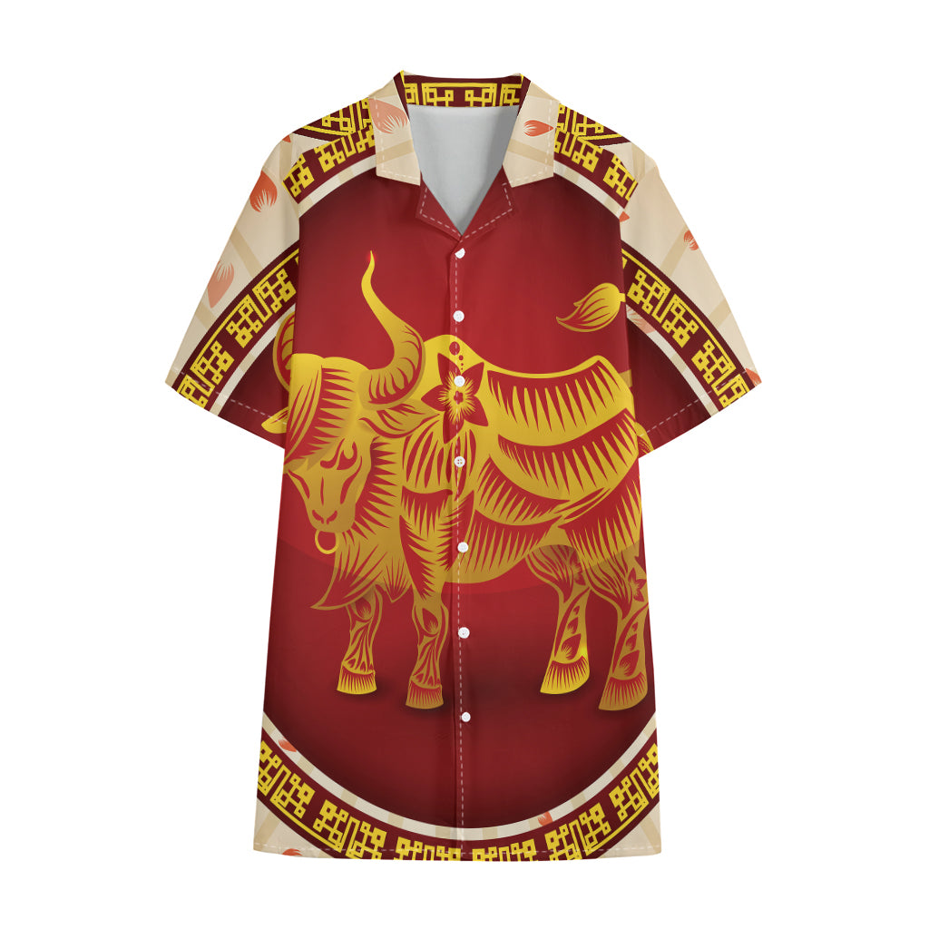 Chinese Ox Zodiac Sign Print Cotton Hawaiian Shirt
